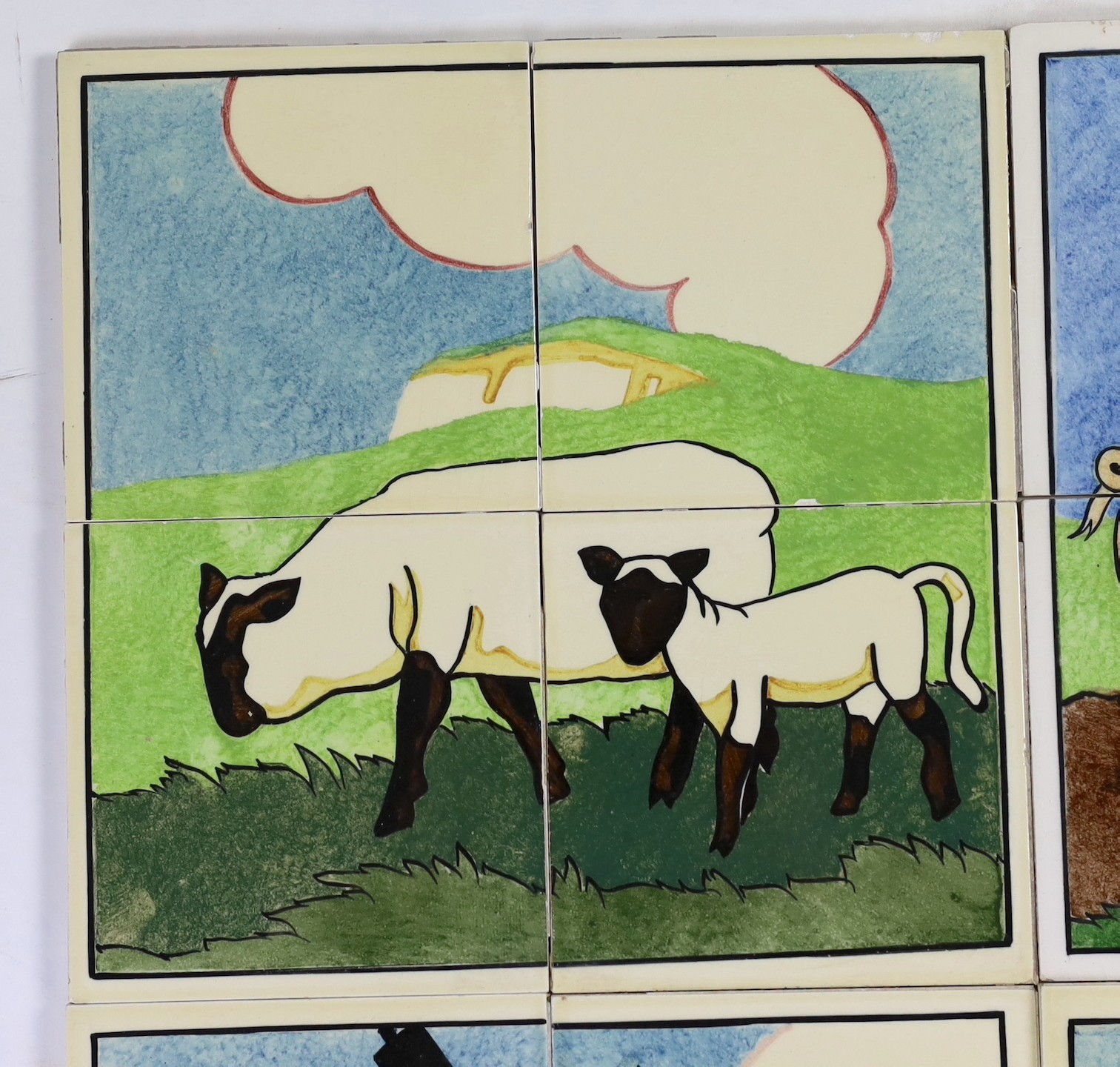 E.E. Strickland for Carter & Co, Poole pottery, six sets of four tile panels of animals and farm scenes, each tile 15.2cm (6in.) square and each set of four tiles 61cm square, minor faults
